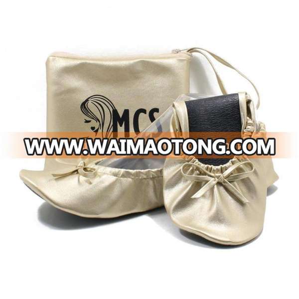 Champagne Color Wedding Dancing Folding Ballet Flat Shoes with Bag